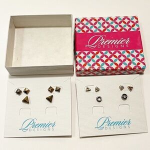 NWT! Six pairs of Premiere stud earrings. Rhinestones, triangles, circles w/box